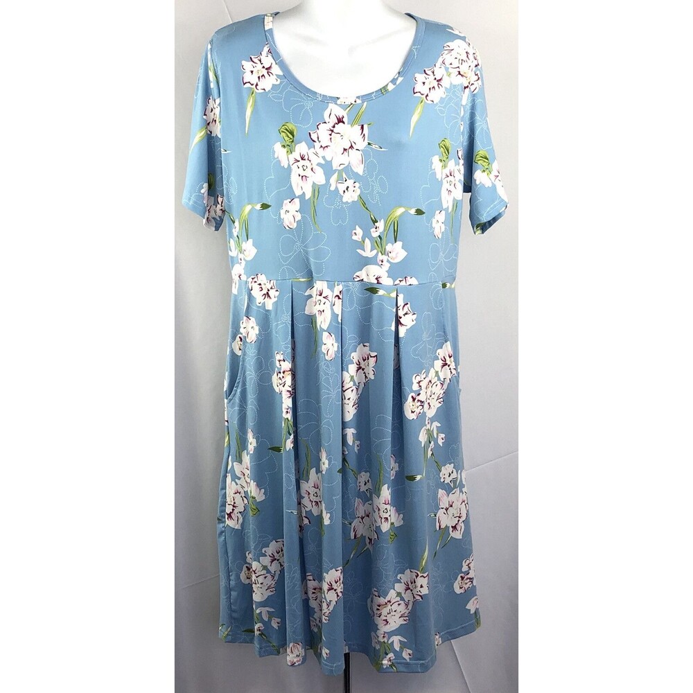 Nwt Auselily Dress XL Blue Floral Shift Pleated Pockets Country Cottage Summer
